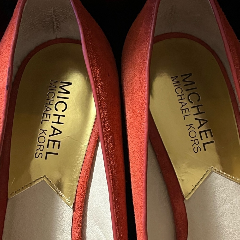 MICHAEL KORS MEG 7M Wedges SUEDE Heels ORANGE Open Toes Peep Platforms Shoes - Picture 12 of 15